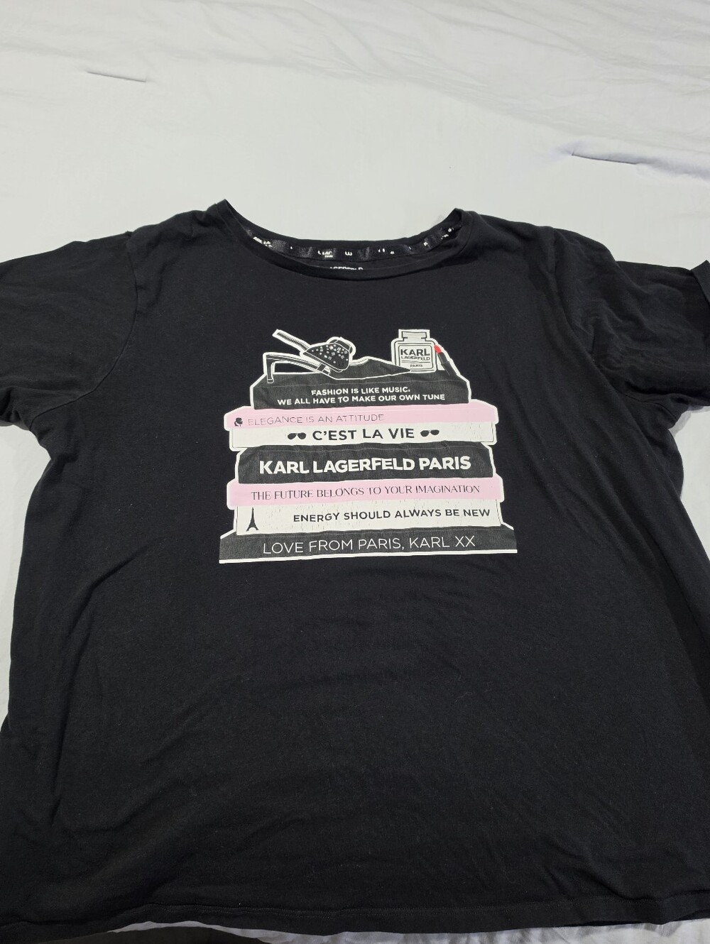 Karl Lagerfeld Black Tee with Pink & White Book Stack Motif